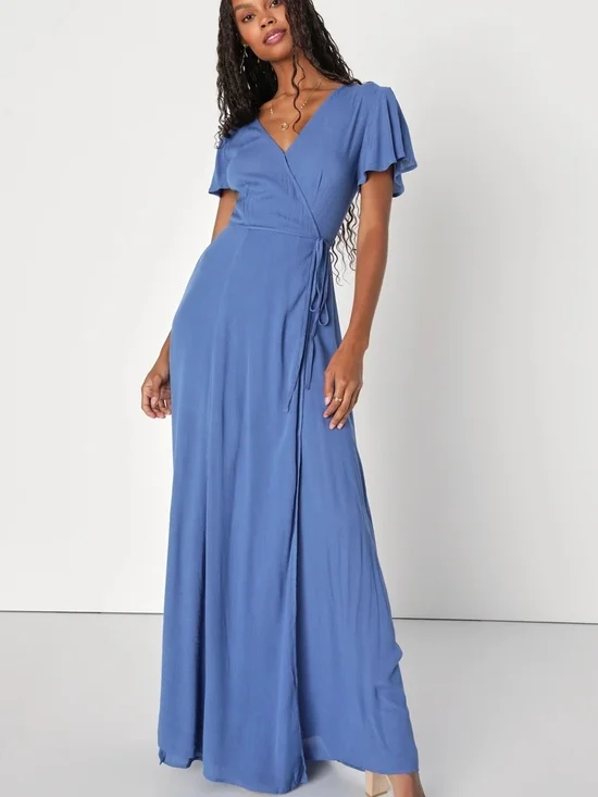 L • Lulu's • Heart of Marigold Denim Blue Wrap Maxi Dress - Picture 1 of 4